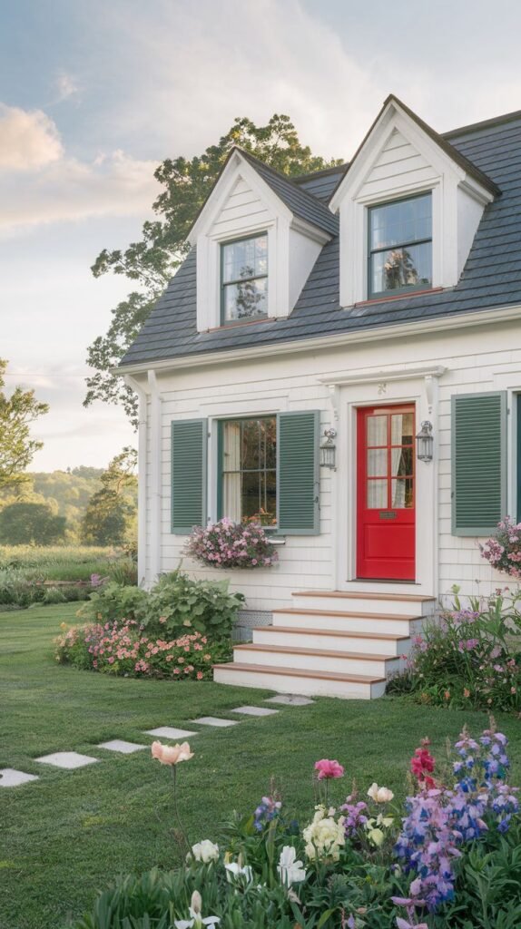 A bright white modern cottage with a striking red front door. It has a dark roof with dormer windows featuring green shutters. A stepping stone path leads through a garden with abundant flowers.