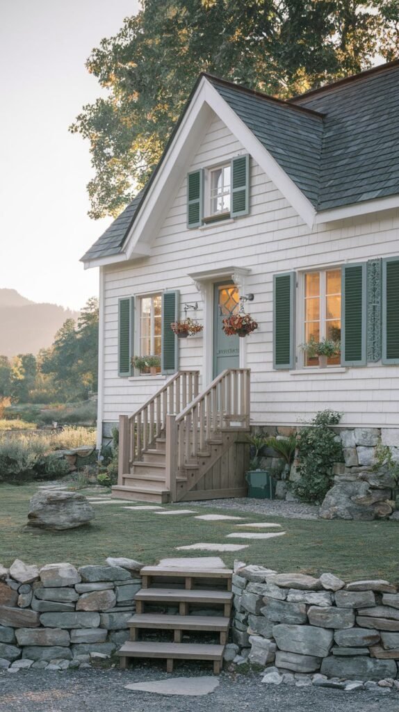 A white sided cottage with a grey roof and dark green shutters, positioned on an elevated site. A stone retaining wall and wooden steps are visible in the foreground.