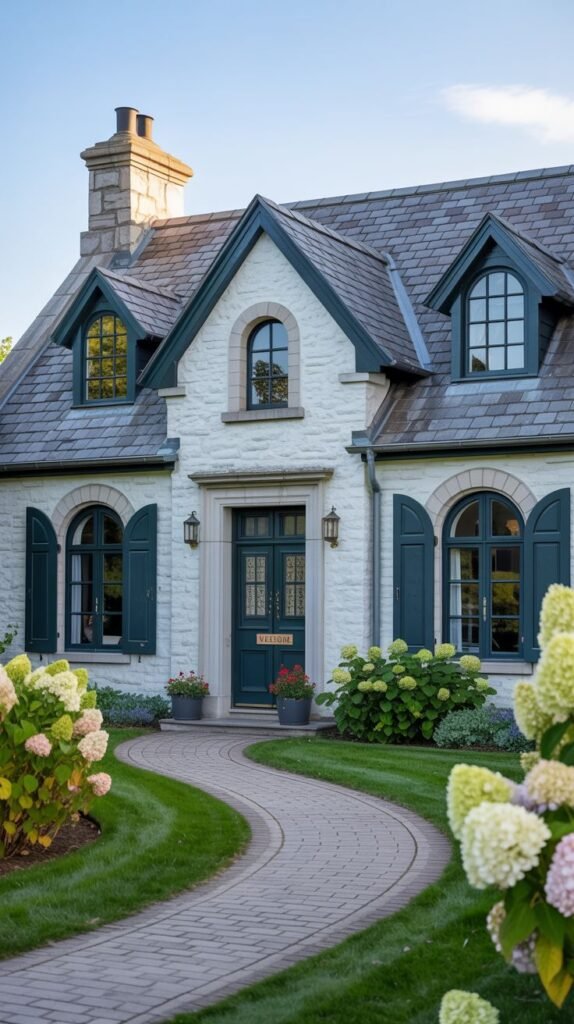 An elegant white stone cottage with a grey roof and dark green shutters, some with arched tops. A prominent dark green front door has a decorative element above it, and a curved brick pathway leads through manicured hedges.
