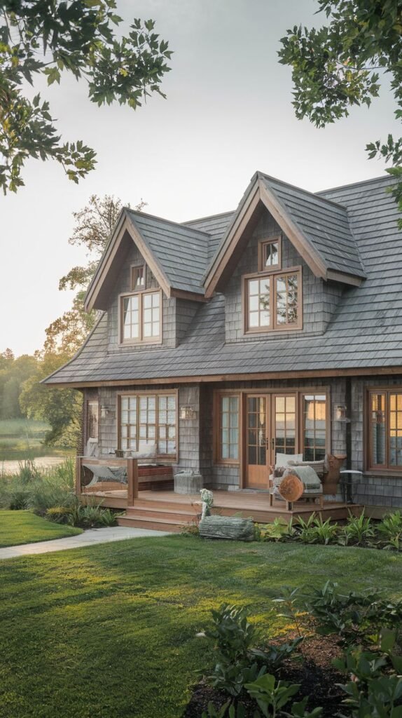 A large house with wood shake siding, functioning like a modern cottage retreat overlooking a lake. It features a large wooden deck across the front with glass doors and outdoor seating.