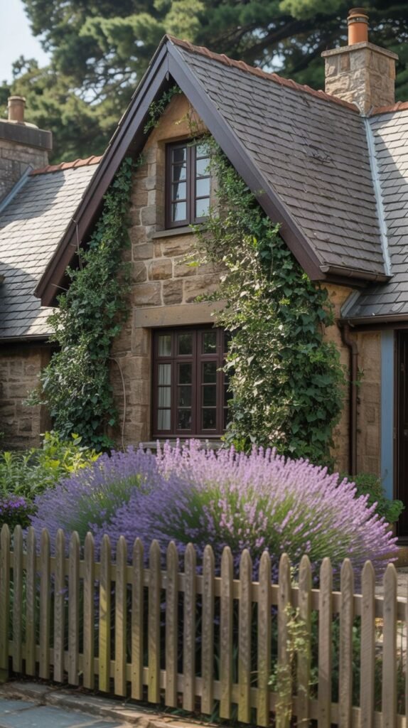 A stone cottage with ivy climbing the walls and a grey roof. A large purple lavender bush bordered by a wooden fence is in the foreground.