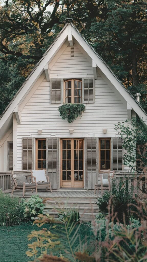 A white wood-sided modern cottage with a gable roof and a welcoming front porch. Double wooden doors and windows with dark shutters are visible.