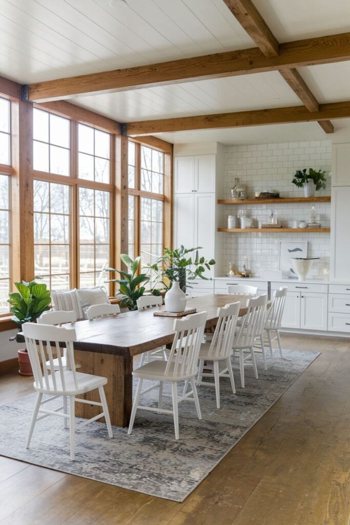 A dining area with a long wooden table and ten white chairs sits on a patterned rug in front of large windows and white cabinets with open shelves.