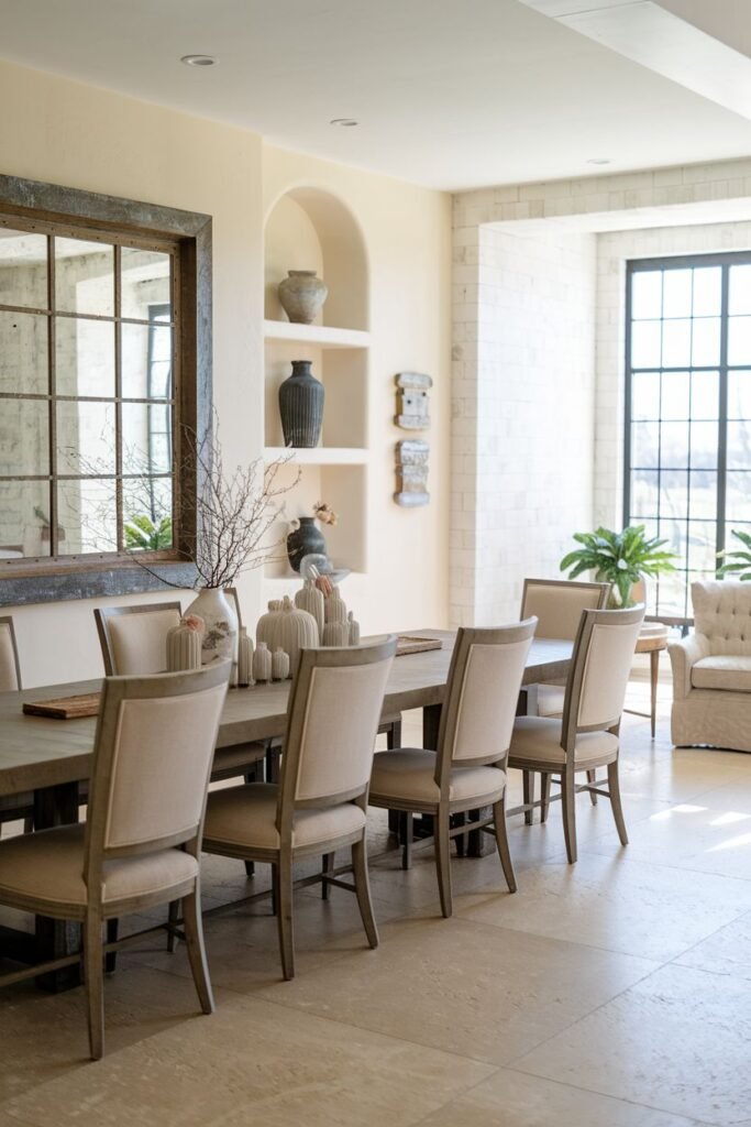 This dining room contains a long wooden table with eight upholstered chairs on stone tiles, a large mirror, arched display niches, and large windows.