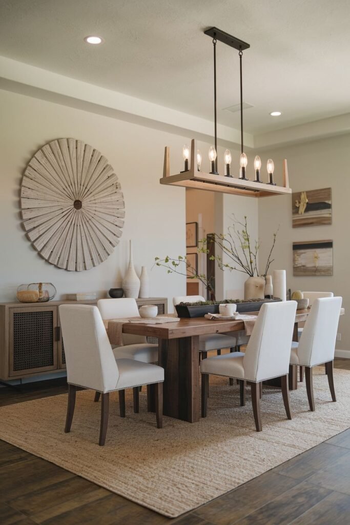 A dining room on a jute rug features a wooden table with eight upholstered chairs, a wooden buffet, a large decorative wall piece, and a linear chandelier.