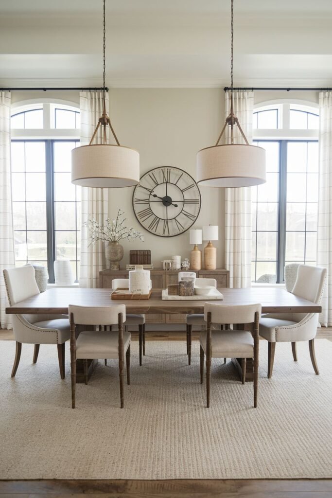 A formal dining room displays a wooden table with ten upholstered chairs on a jute rug, a buffet with a large clock, and large arched windows with sheer curtains.