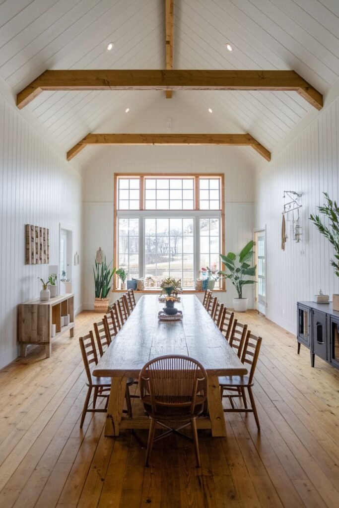 This very large dining room features a long wooden table with twenty chairs, a high vaulted ceiling with beams, and a large window.