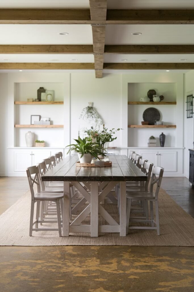 A dining room has a large wooden table with twelve chairs on a textured rug, built-in cabinets and shelves with decor, and exposed wooden ceiling beams.