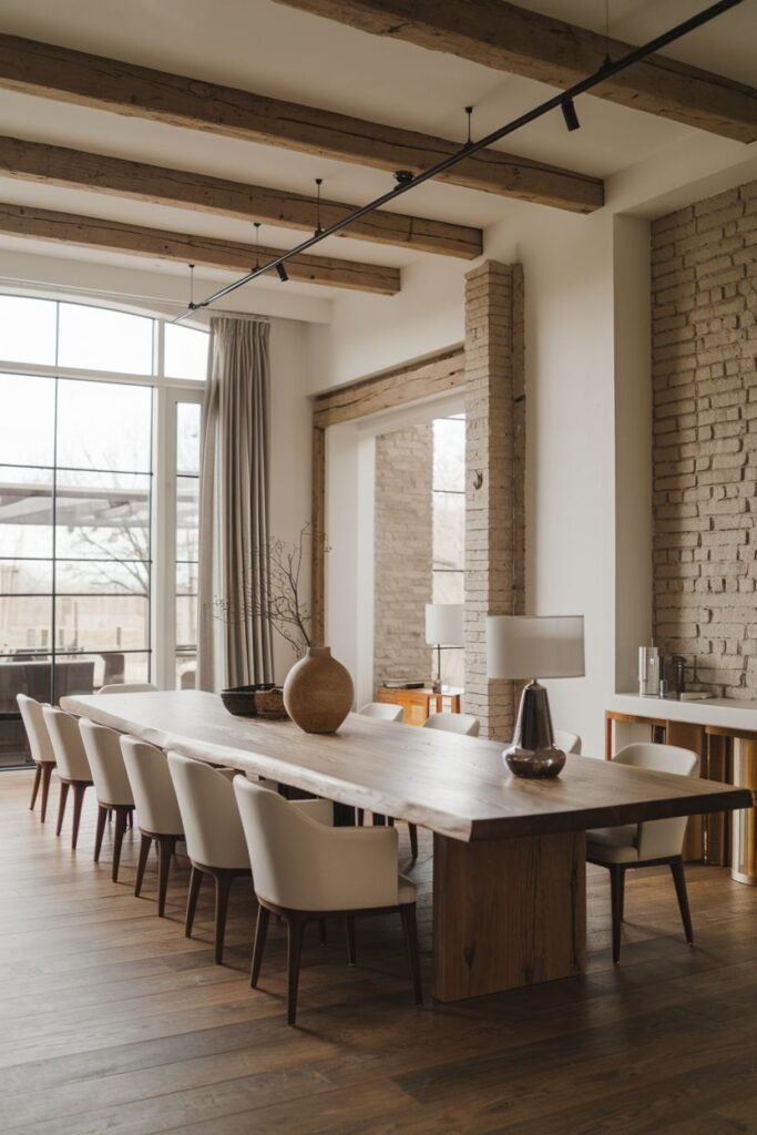 This dining room features a very long live-edge wooden table with ten upholstered chairs, exposed beams, brick columns, and large windows with drapes.