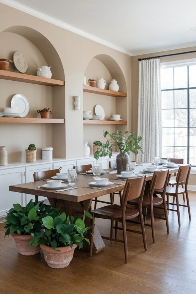 This dining room has a wooden table with eight wooden chairs, built-in cabinets with arched shelves displaying dishware, plants, and a window with a patterned curtain.