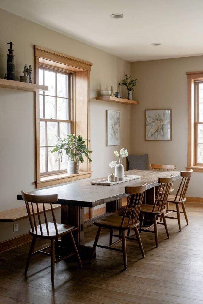 A dining area contains a long wooden table with eight wooden chairs, including a bench seat, and shelves with decorative items above the windows.
