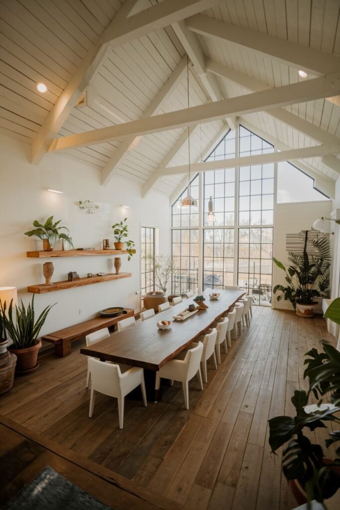 This large bright dining room has a very long wooden table with sixteen white chairs, a high vaulted ceiling with beams, and large windows including a tall triangular one.