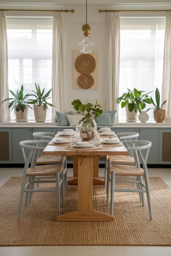 This dining room showcases a wooden table with six gray chairs on a jute rug, large windows with curtains, and blue built-in cabinets.