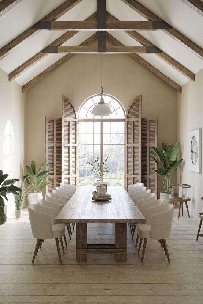 This dining room includes a large wooden table with ten upholstered chairs, a high vaulted ceiling with exposed beams, and large arched windows with wooden shutters.