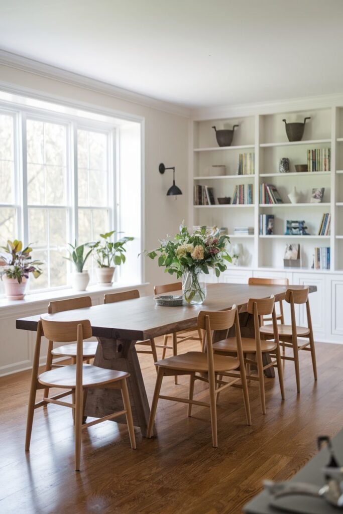 A dining room has a wooden table with eight wooden chairs, a large window with plants, and a large white built-in bookshelf on the back wall.