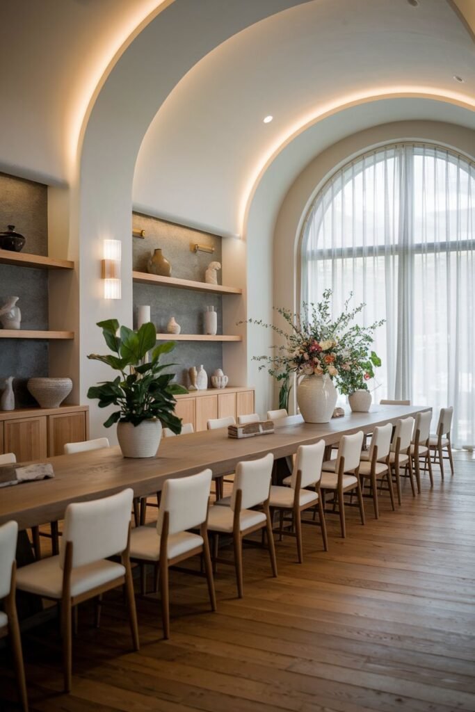 This long dining room features a wooden table with fourteen upholstered chairs, an arched ceiling with cove lighting, built-in cabinets, and a large arched window.
