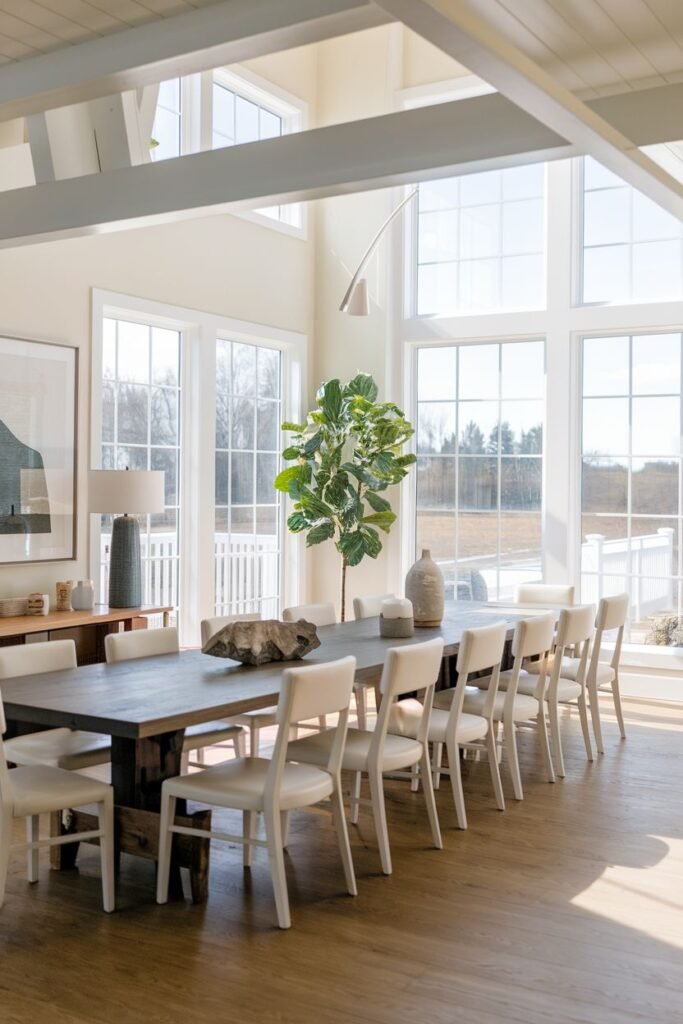 A large bright dining room contains a dark wooden table with ten white chairs, high ceilings, very large windows, and a large Fiddle-leaf fig plant.
