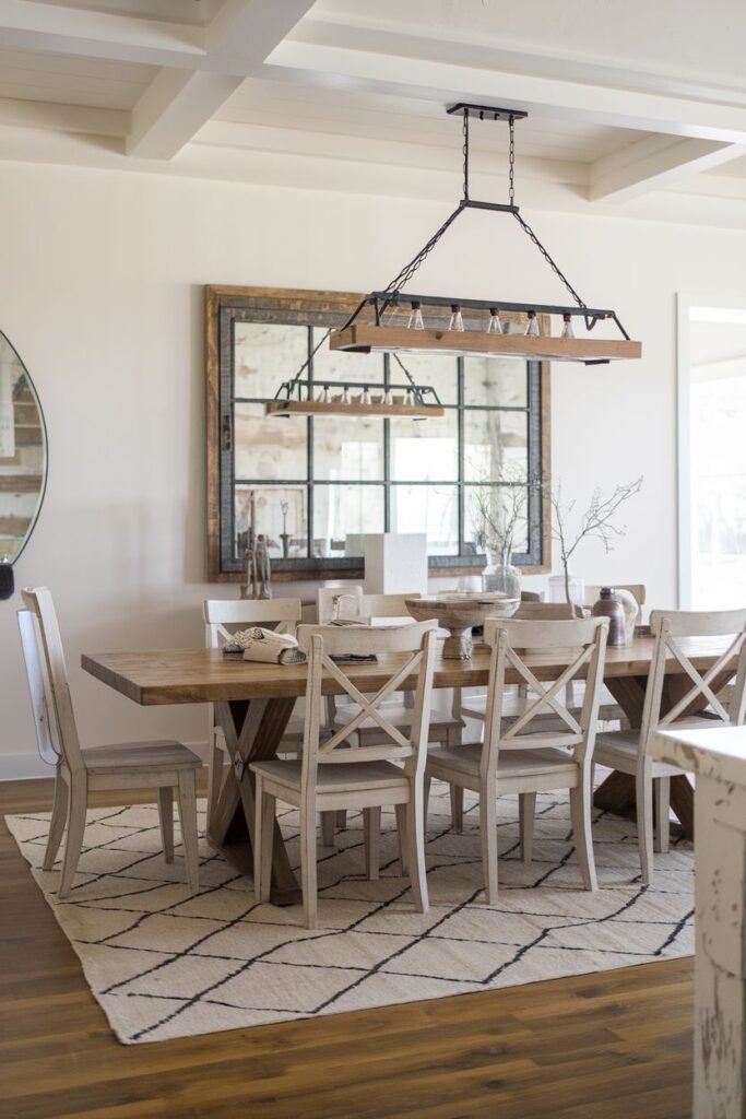 A dining room features a wooden table with eight x-back chairs on a patterned rug, a coffered ceiling, a large mirror above a buffet, and a linear chandelier.