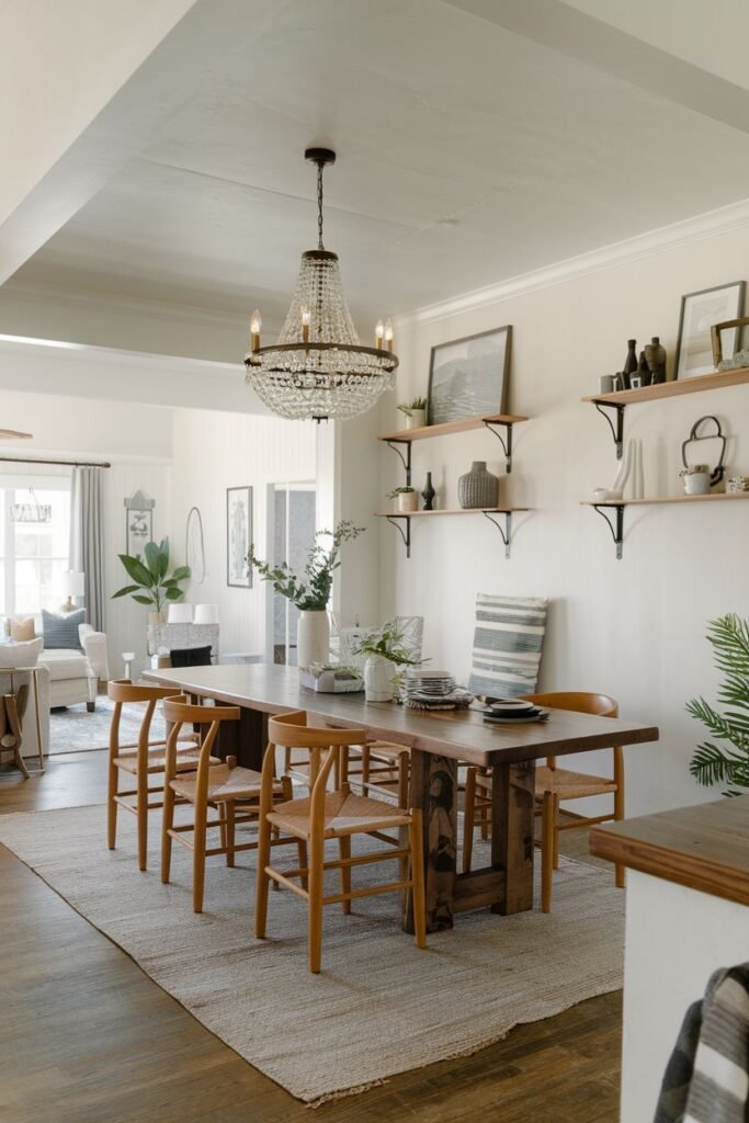 A dining room open to a living area contains a long wooden table with four wooden chairs, open shelves with decor, and a crystal chandelier.