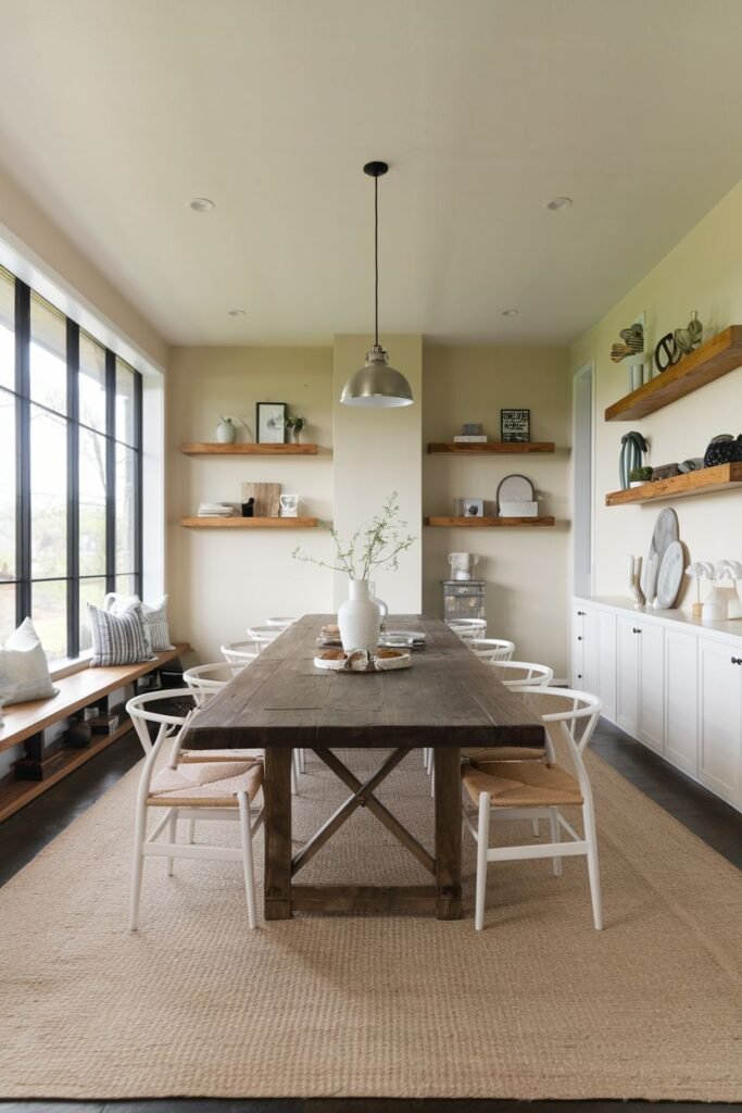 A dining area on a large jute rug has a long wooden table with ten chairs, built-in white cabinets and shelves, a window bench, and a metal pendant light.