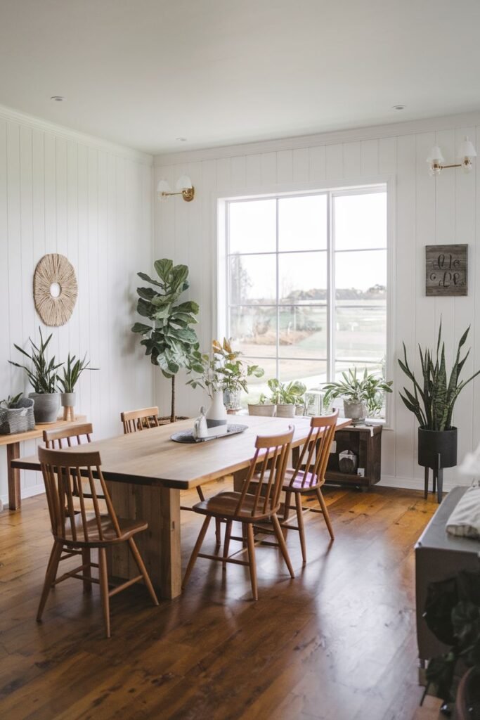 A bright dining room features a large wooden table with eight wooden chairs, various potted plants, and a woven wall hanging.