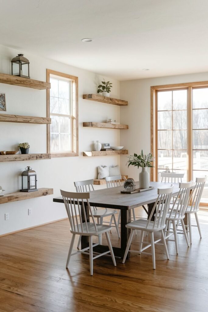 A dining area contains an oval dark table and six white chairs on a wooden floor, with wooden shelves and windows with rustic trim.