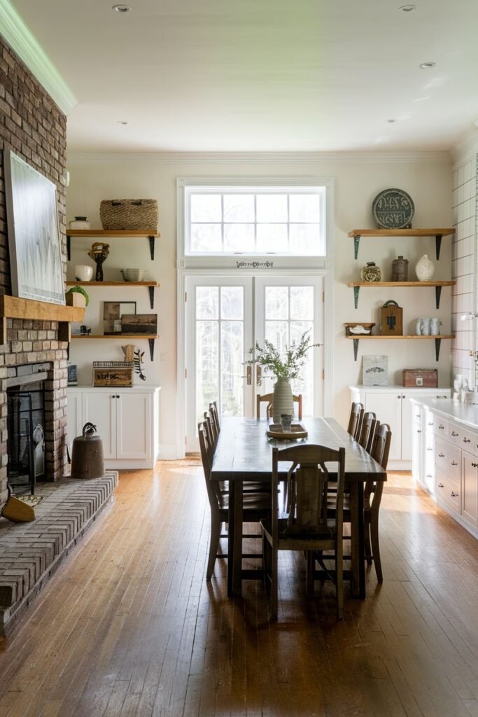 This dining room has a long wooden table with ten chairs, a fireplace, built-in white cabinets, and French doors centered on the back wall.