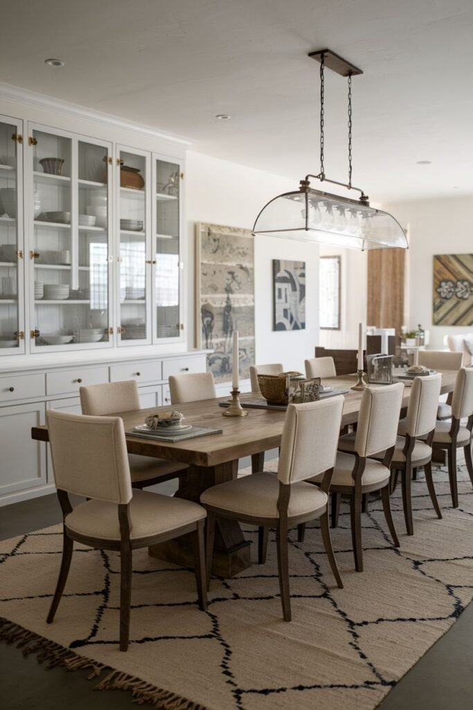 A formal dining room includes a large wooden table and ten upholstered chairs on a patterned rug, with a white china cabinet and artwork on the walls.