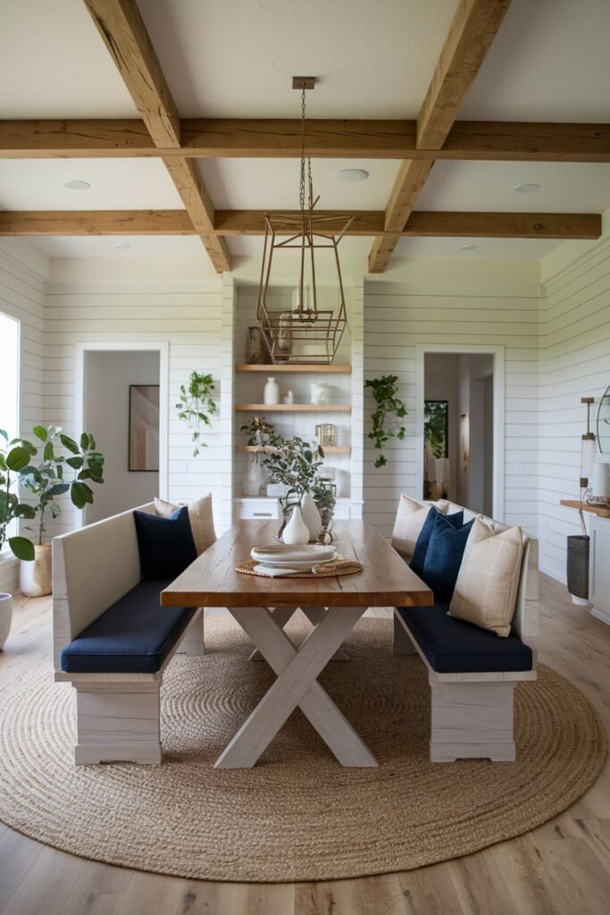 A dining area on a round jute rug features a wooden table with two upholstered benches and pillows, under exposed wooden ceiling beams.