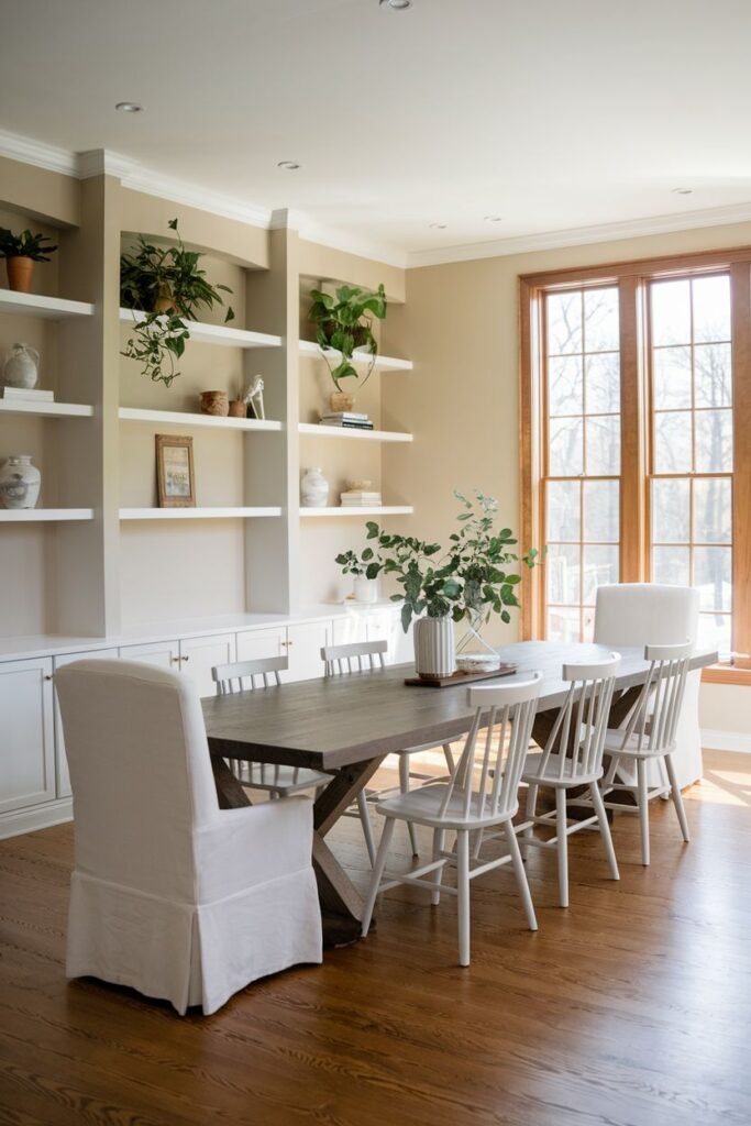 A dining room includes a long grey-washed wooden table with eight chairs, flanked by built-in white shelves with decor and a large window.