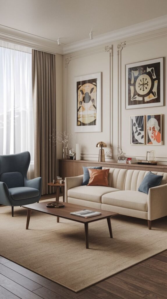 A modern living room with a white sofa and accent chairs, showcasing vintage-style abstract art prints on the wall and a contemporary rug.