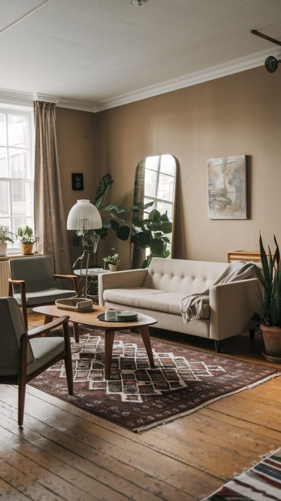 A living room with a modern beige sofa and vintage-style armchairs, featuring a large mirror and potted plants, showcasing a mix of furniture styles on a wooden floor.