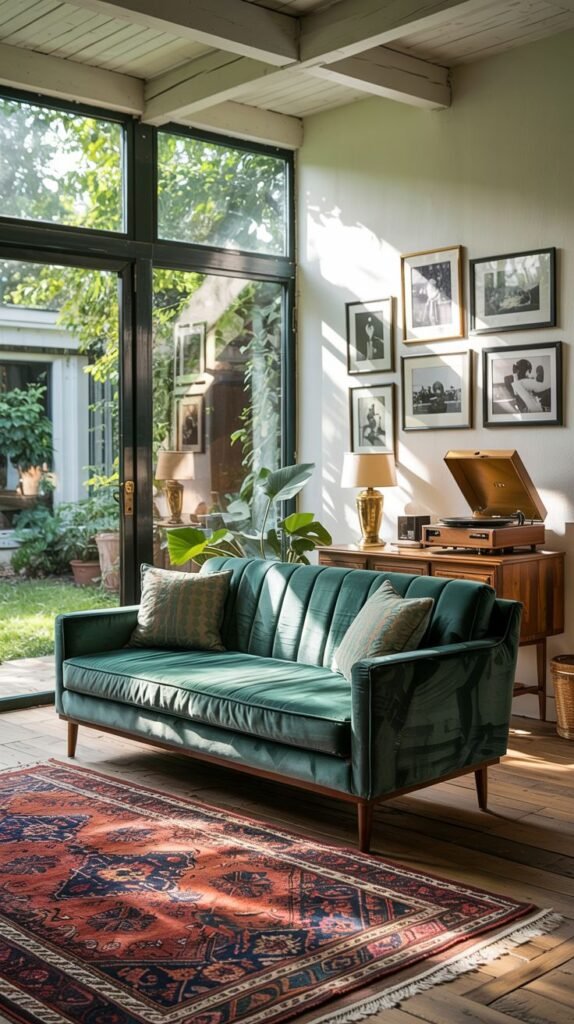 A bright room with a modern green velvet sofa and a vintage record player, featuring large windows overlooking a garden and a gallery wall of black and white photos, blending retro leisure with contemporary design.