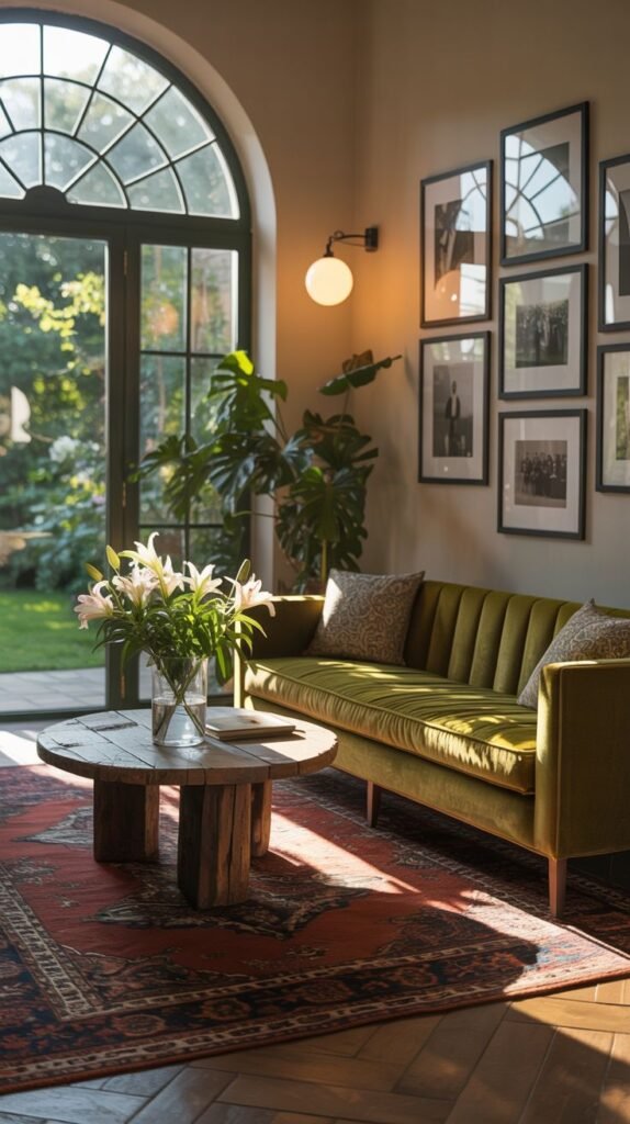 A living room with a vibrant green velvet sofa and a unique vintage-style coffee table, featuring an arched window looking onto a garden and a modern wall light, combining bold color with natural elements.