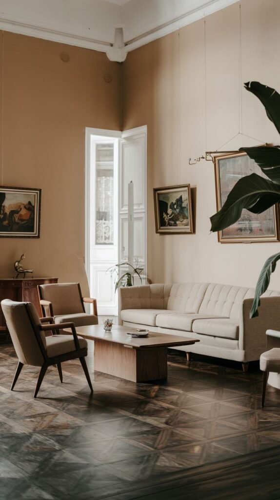 A spacious room with a modern cream sofa and vintage armchairs, featuring high ceilings, traditional architectural details, and artwork, showcasing a blend of old and new.