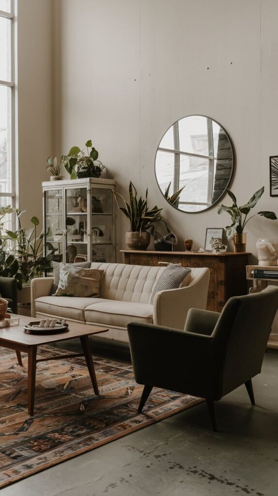 A modern loft-style space with a cream sofa and vintage elements, including a glass-front cabinet filled with plants and a large round mirror, creating a relaxed atmosphere.
