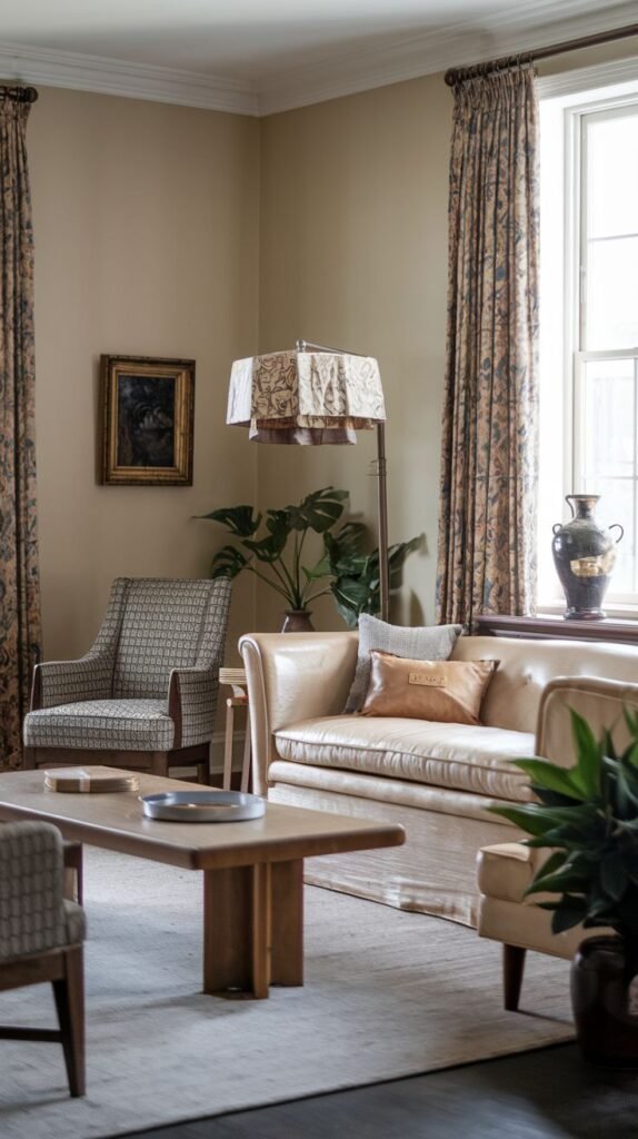 A sophisticated room with a modern leather sofa and a vintage patterned armchair, featuring a tall lamp with a layered shade and detailed curtains, blending classic patterns with contemporary seating.