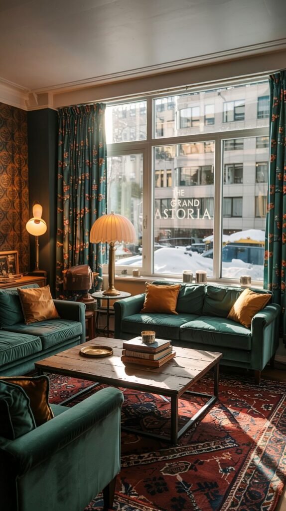 A living room featuring two modern green velvet sofas and a vintage-style coffee table, overlooking a city street with a sign for "The Grand Astoria," blending luxurious seating with urban views.