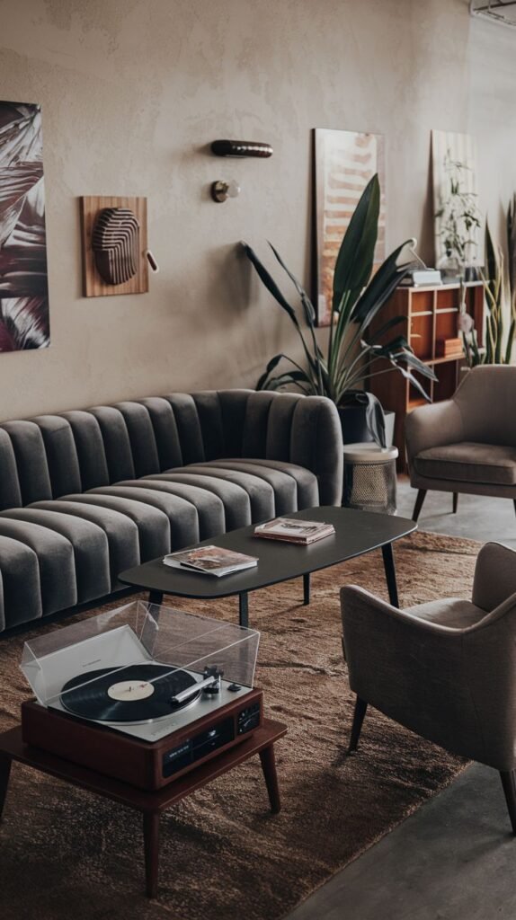 A modern living area with a unique textured grey sofa and accent chairs, featuring a sleek dark coffee table and a vintage record player on a side stand, combining contemporary furniture with a retro touch.