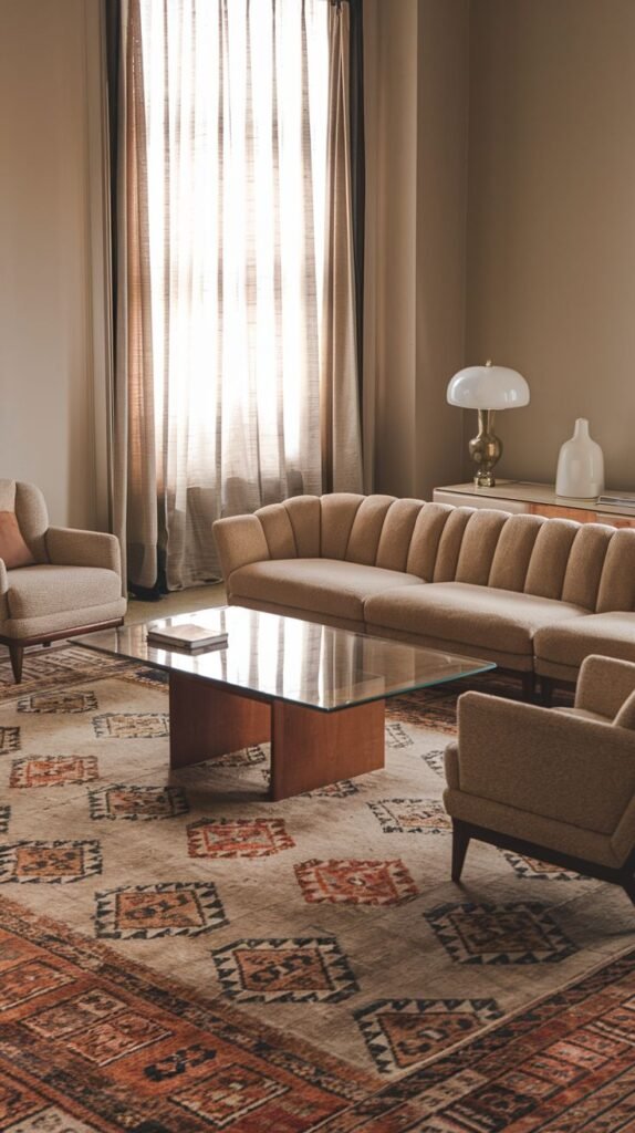 A room with a modern sofa with channel tufting and vintage-inspired armchairs, centered around a glass coffee table with a wood base, set on a patterned rug.