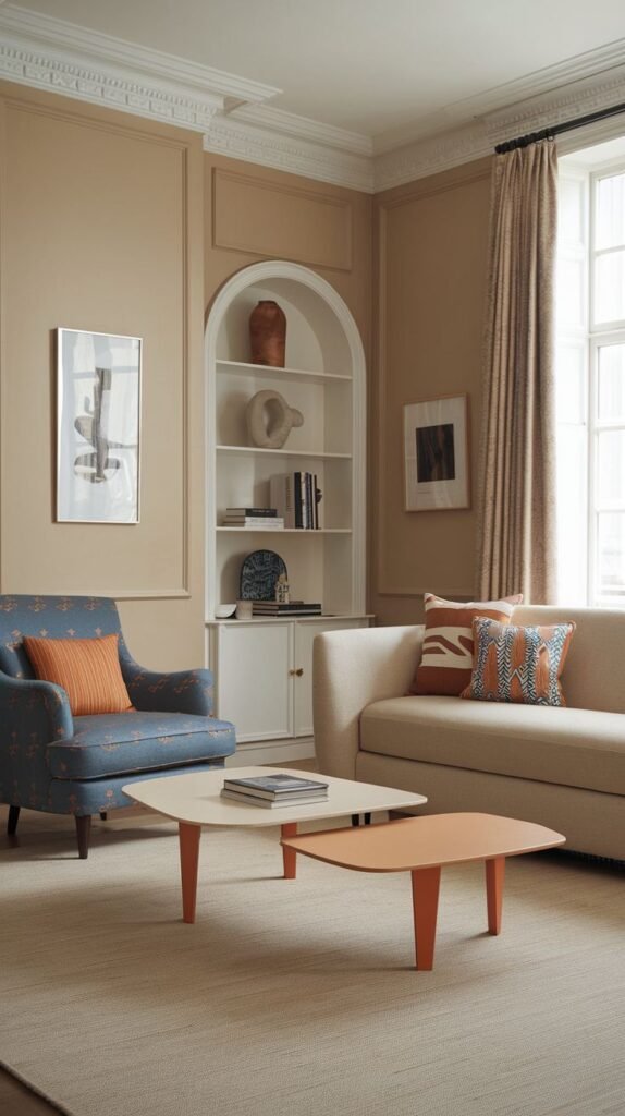 A living room with a modern sofa and a vintage blue patterned armchair, featuring nested coffee tables and a built-in arched shelf, combining different furniture styles and decorative elements.
