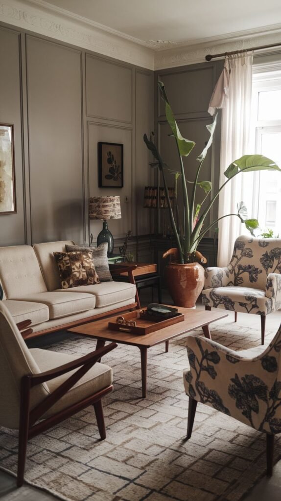 A living room featuring a blend of vintage and modern furniture, including a cream sofa, patterned armchairs, and a large tropical plant, set against grey paneled walls.