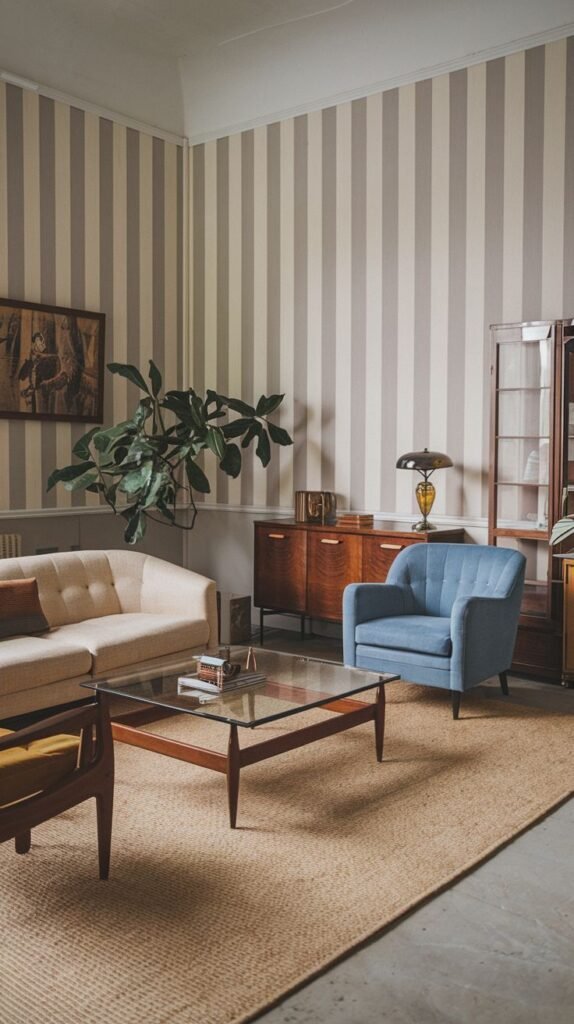 A room with striped wallpaper featuring a modern cream sofa and a vintage blue armchair, centered around a glass-top coffee table with a wood base, creating a balanced mix of patterns and forms.