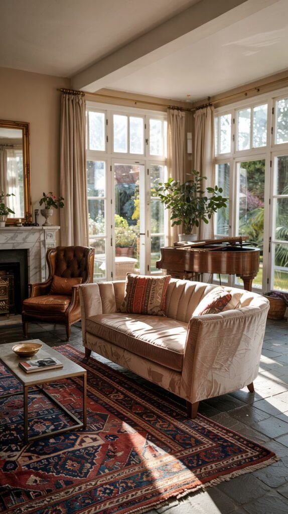 A bright living room with a modern pink velvet sofa and a vintage leather armchair, featuring large windows, a fireplace, and a grand piano, blending luxurious textures with classic pieces.