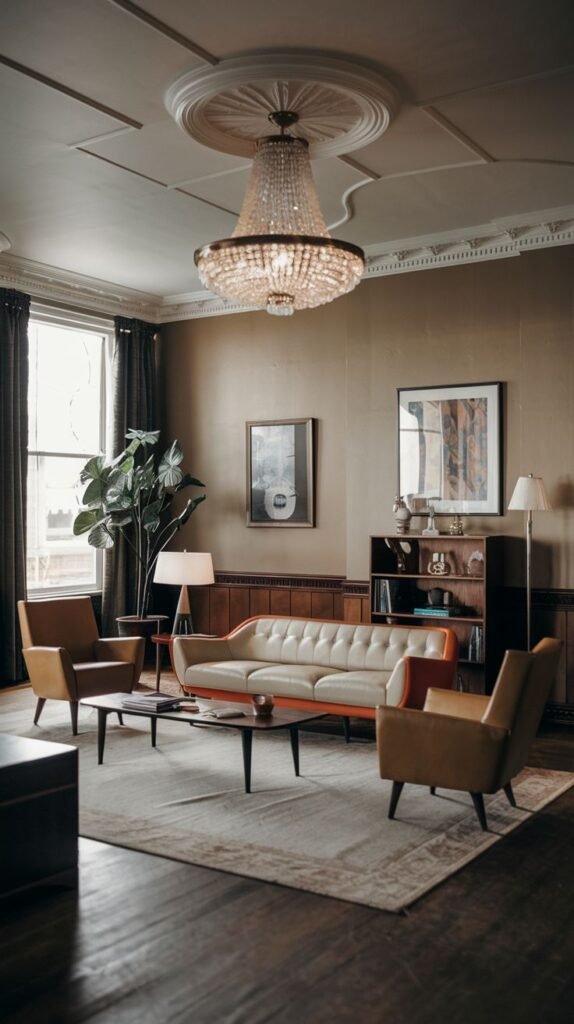 A grand room with a modern cream sofa and vintage armchairs, featuring a large crystal chandelier and artwork, showcasing a mix of styles in a classically detailed space.