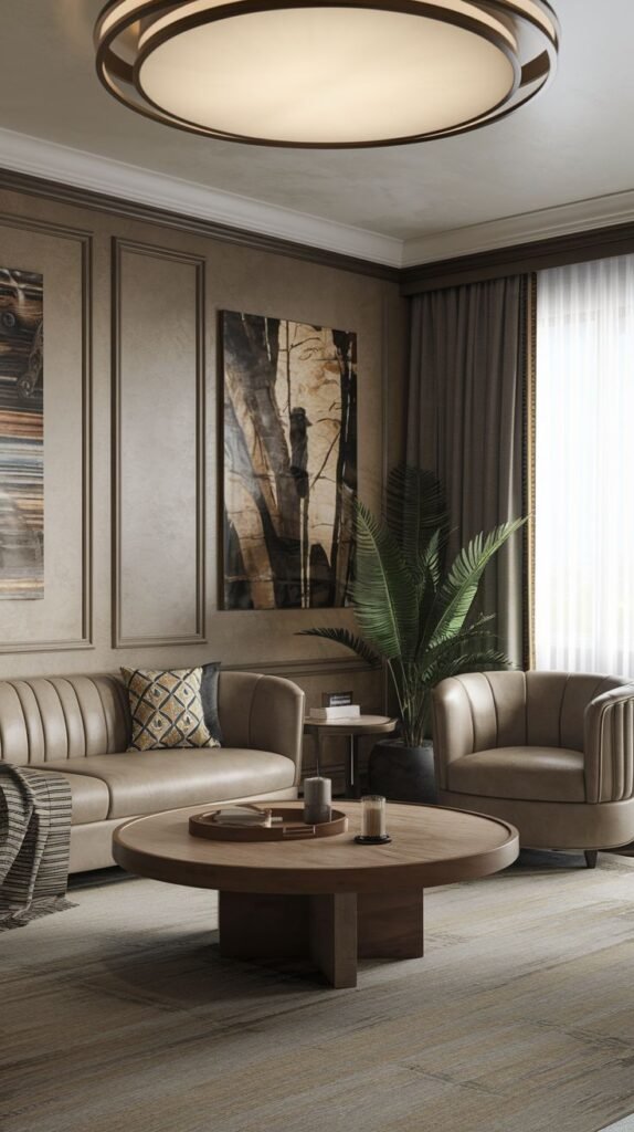 A modern living room with a rounded leather sofa and armchair, centered around a large round coffee table, featuring wall panels and artwork, creating a contemporary feel with classic proportions.