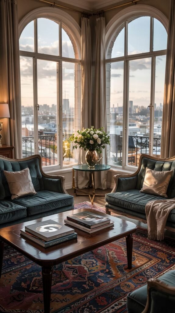 A vintage-inspired living room with two green armchairs and a coffee table, featuring tall arched windows overlooking a modern city skyline, blending classic design with contemporary views.