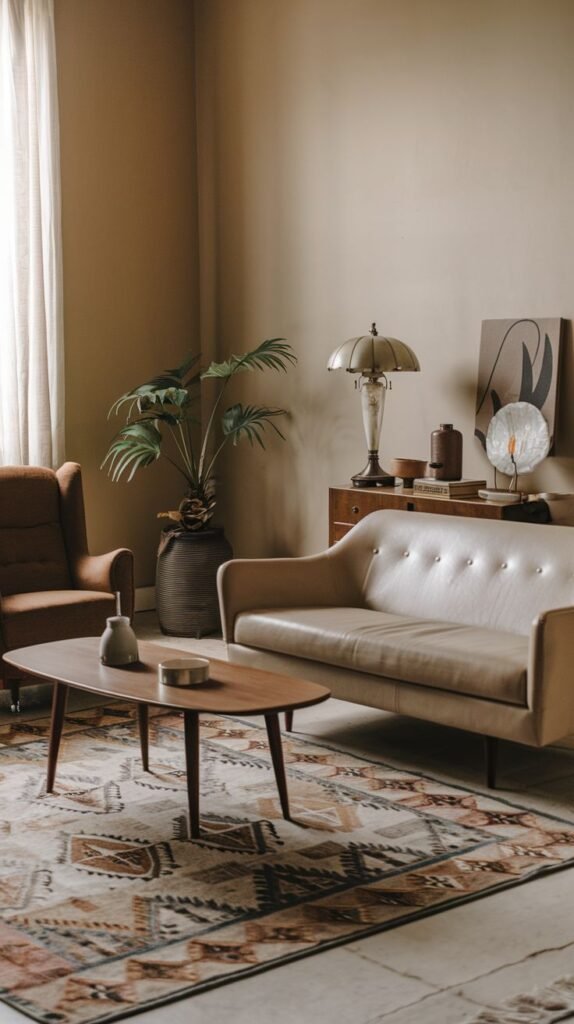 A modern room with a vintage tan leather sofa and an armchair, featuring a retro-style coffee table and a patterned rug, combining sleek lines with classic elements.