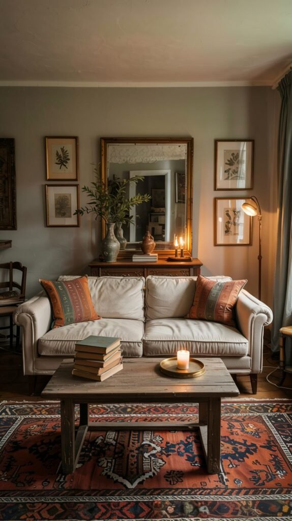 A cozy living room with a vintage aesthetic, featuring a cream sofa with patterned cushions, a rustic coffee table, and framed botanical prints, offering a sense of modern comfort in a traditional setting.