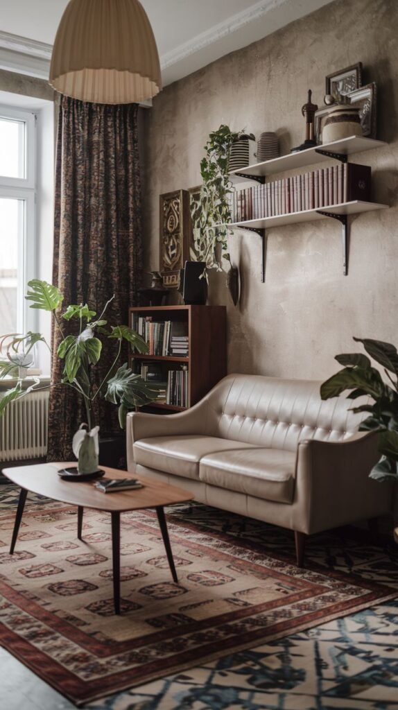 A living room with a vintage sofa and a modern rug laid over a patterned rug, incorporating plants, bookshelves, and a unique lamp, creating a layered space that mixes eras.
